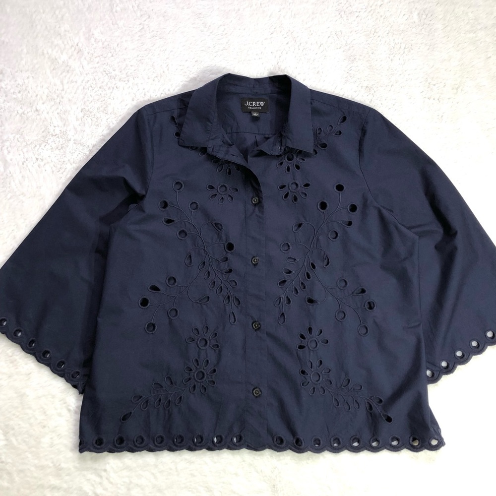 J. Crew Navy Blue Eyelet Button-Up Blouse